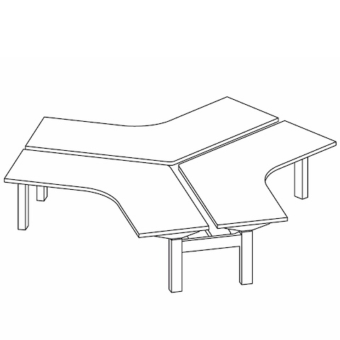 A line drawing of a Ratio 120 three desk cluster.