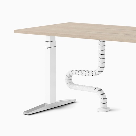 A single Ratio height adjustable desk with a wooden worktop and floor to work surface cable umbilical.