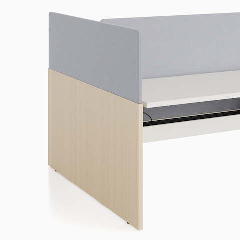 A close-up view of a Renew Link standing desk system's light gray end-of-run screen.