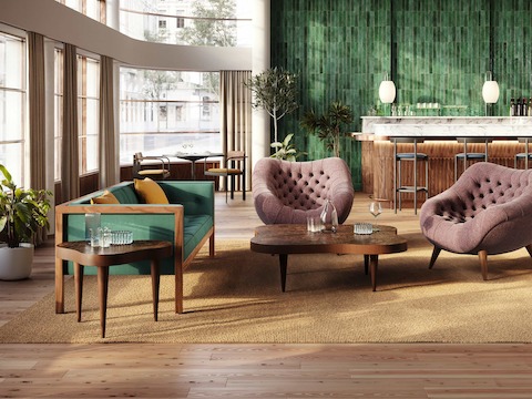 Lounge space with Nelson Cube Sofa, Rohde Easy Chairs, and Rohde Paldao coffee and side table in walnut burl. 