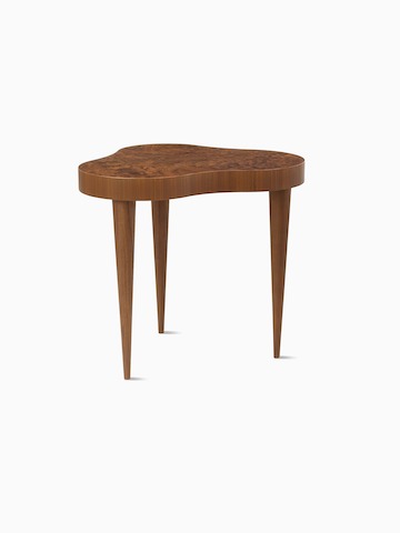 A front view of a Rohde side table in walnut burl.