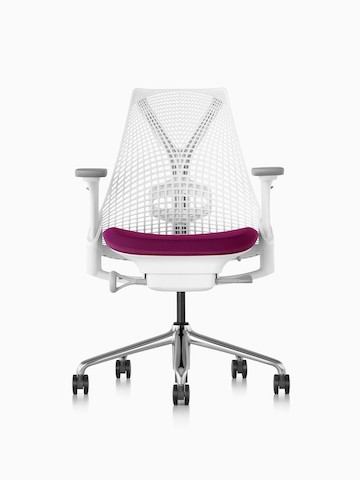 A white Sayl office chair with a magenta upholstered seat.