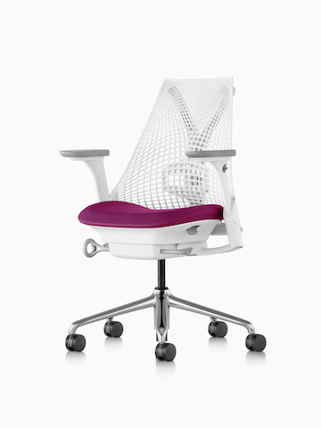A white Sayl office chair with a magenta upholstered seat. Select to go to the Sayl Chairs product page. 