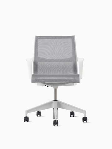 Front view of a Setu Chair with gray suspension, white arms, and silver alloy base.
