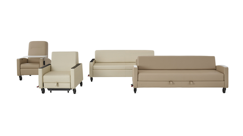 Gemma Seating Family, front facing view. Showcasing Gemma Recliner, Gemma Sleep Chair, Gemma Double Sleep Sofa and Gemma Flop Sofa.