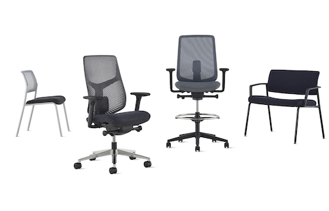 A Verus Side Chair, Verus Chair, Verus Stool, and Verus Plus Chair.