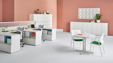 Various Tu components provide group and individual storage in an open work area. 