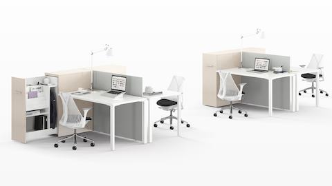 An environment showing back-to-back Canvas Office Landscape workstations with Tu Wood personal towers and Sayl chairs.