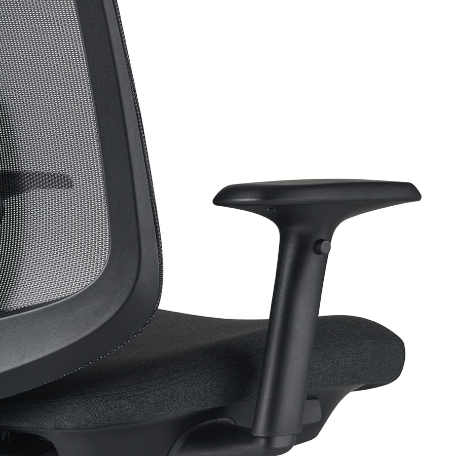 A close-up view of a Verus Chair's black adjustable-height arm.