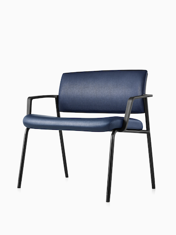 Angled view of a Verus Plus Chair with arms upholstered in blue vinyl. Select to go to the Verus Plus Chairs product page.