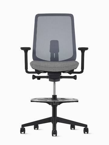 Front view of a black Verus Stool with suspension back.