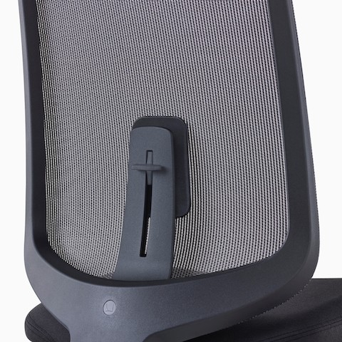 A close-up view of a Verus Stool's black suspension back with adjustable lumbar support.