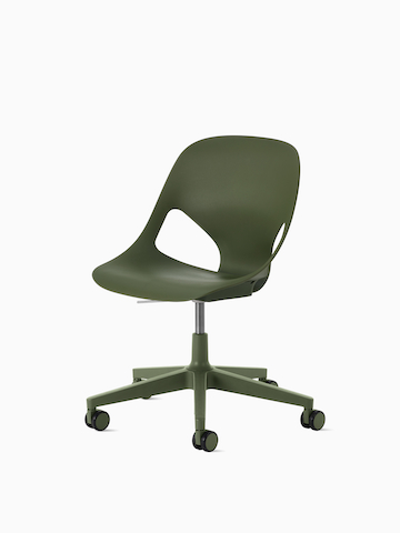 Angled view of an armless Zeph chair in Olive.
