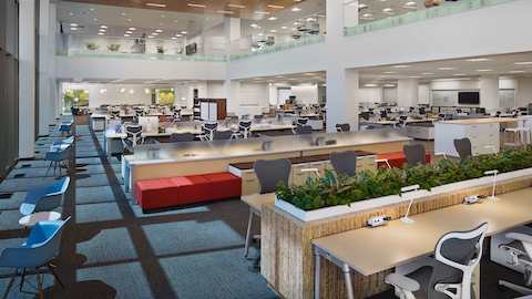 An open office setup containing a variety of seating styles and choices. 