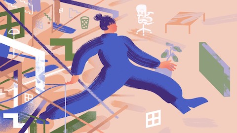 An abstract illustration conveys a person in blue moving through a chaotic office, with both furniture and shapes and lines surrounding them.