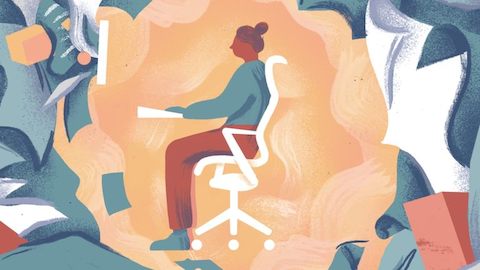 A woman sitting on a graphic of a Cosm chair in an abstract bubble surrounding by the abstract images of stress.