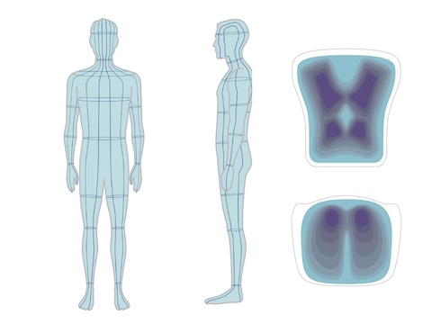  A 3D model showing different flex areas on a human body and chair. 