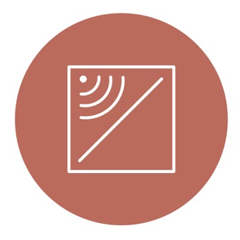 A small, brown circle with a white icon in the center is an abstract representation of managing distractions, one of four key design considerations in an open office. 