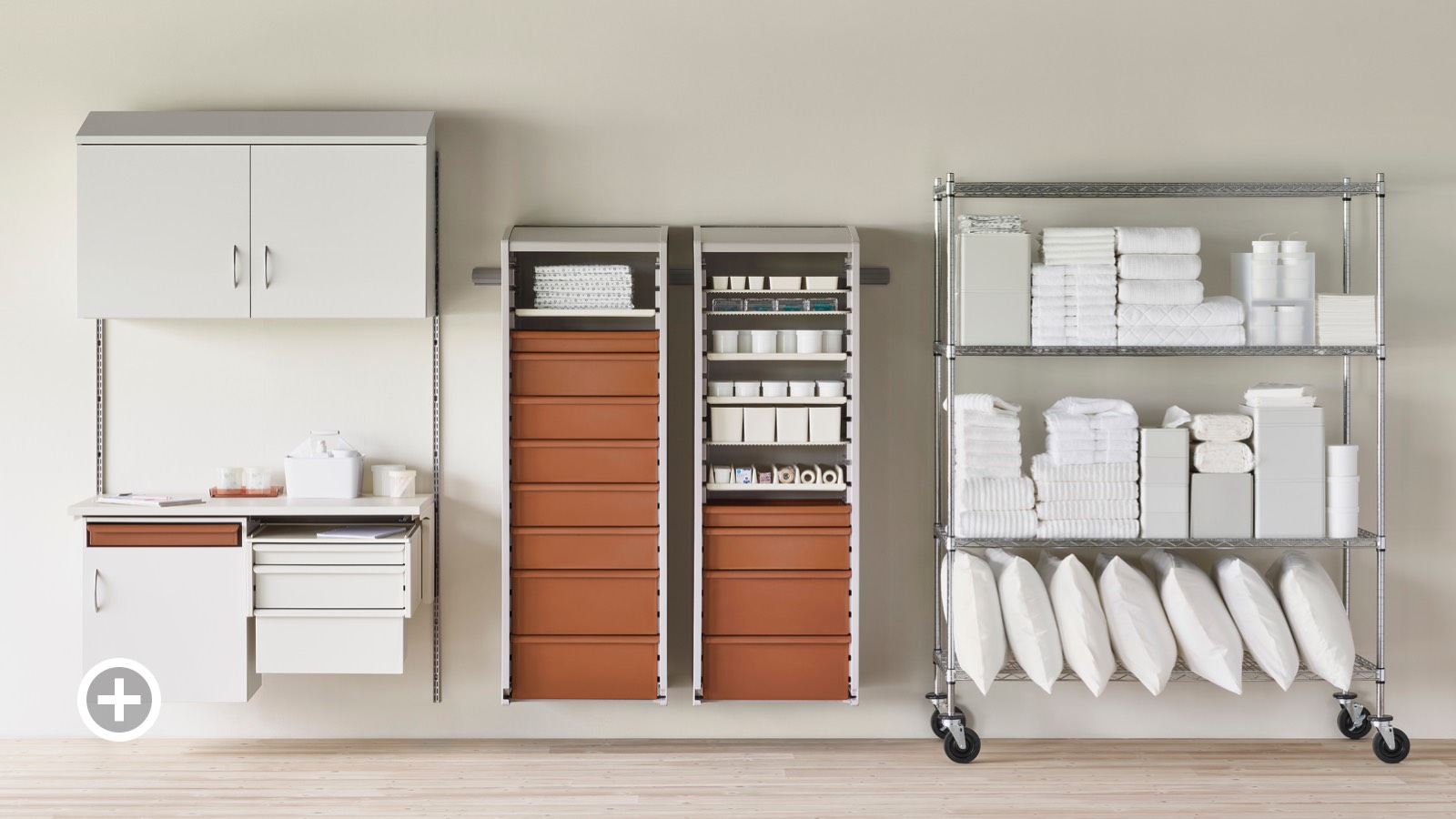 A medical clean utility supply room with a Co/Struc System wall shelving unit, procedure and supply lockers, and a stainless steel wire shelving unit.