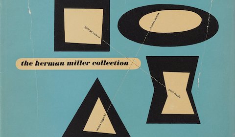 Four geometric shapes containing the names of prominent Herman Miller designers alongside the words 