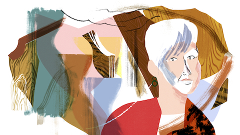 An illustration of designer Carol Catalano in front of an abstract background. Select to go to an article about Catalano's work with molded plywood.