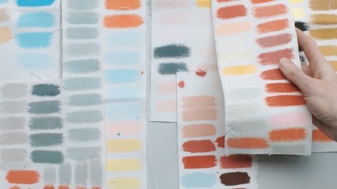 Sheets of color samples. Select to go to an article and video about the color expertise of designers Stefan Scholten and Carole Baijings.