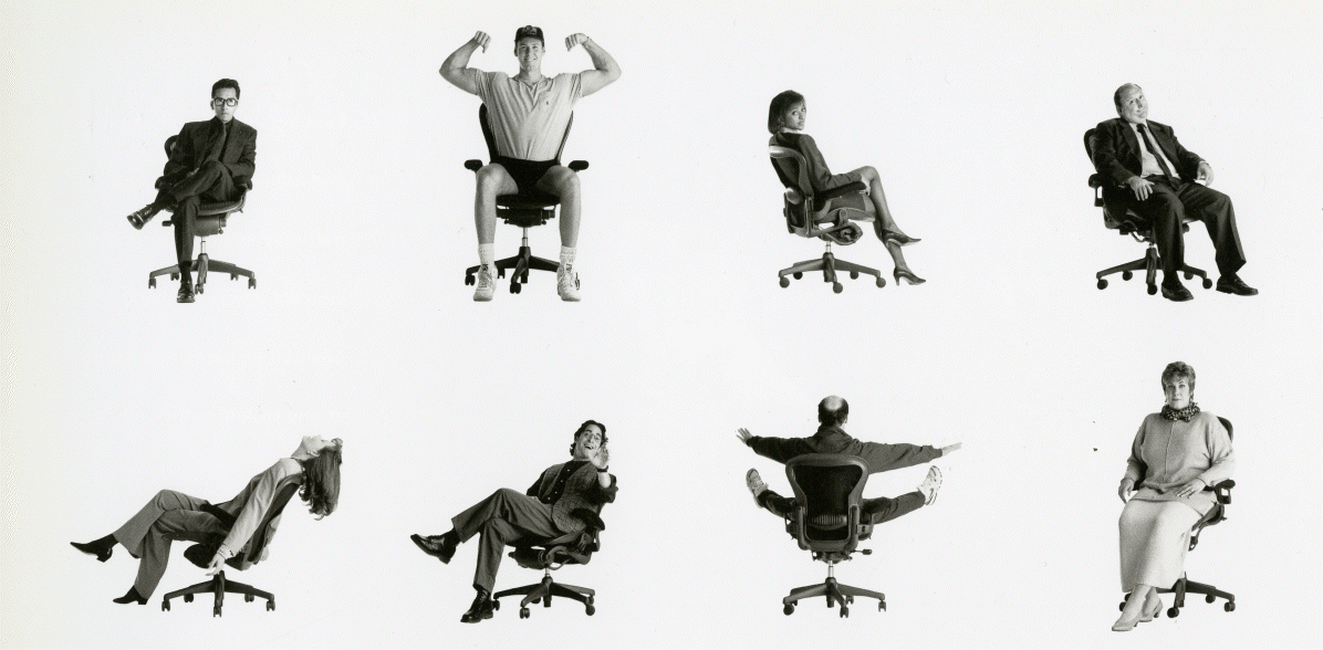 A black and white composition photo of eight different people sitting in the Aeron Chair in varying postures.