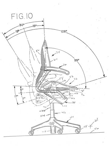 A black-pen sketch of a patent figure drawing of the Aeron Chair from the side, featuring the chair's tilt range as Figure 10.