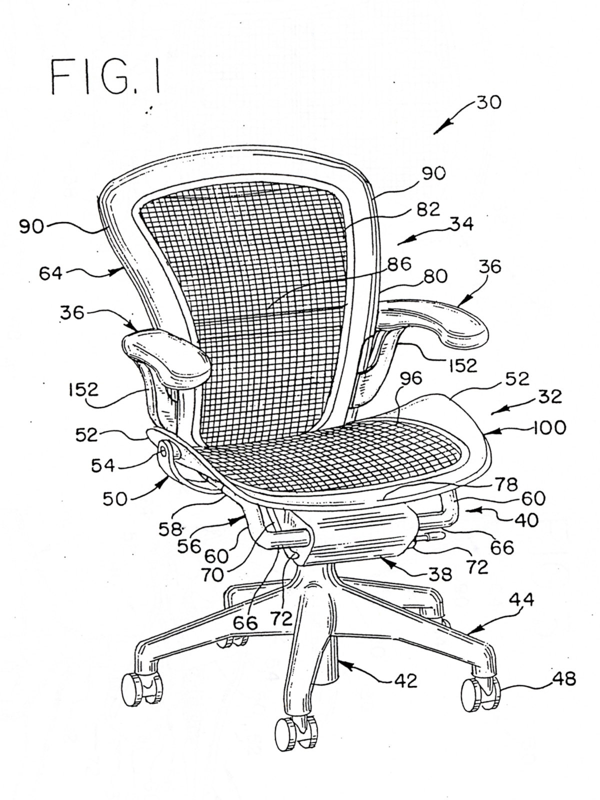 A black-pen sketch of a patent figure drawing of the Aeron Chair at a tilted front view, featuring the chair's tilt range as Figure 1.