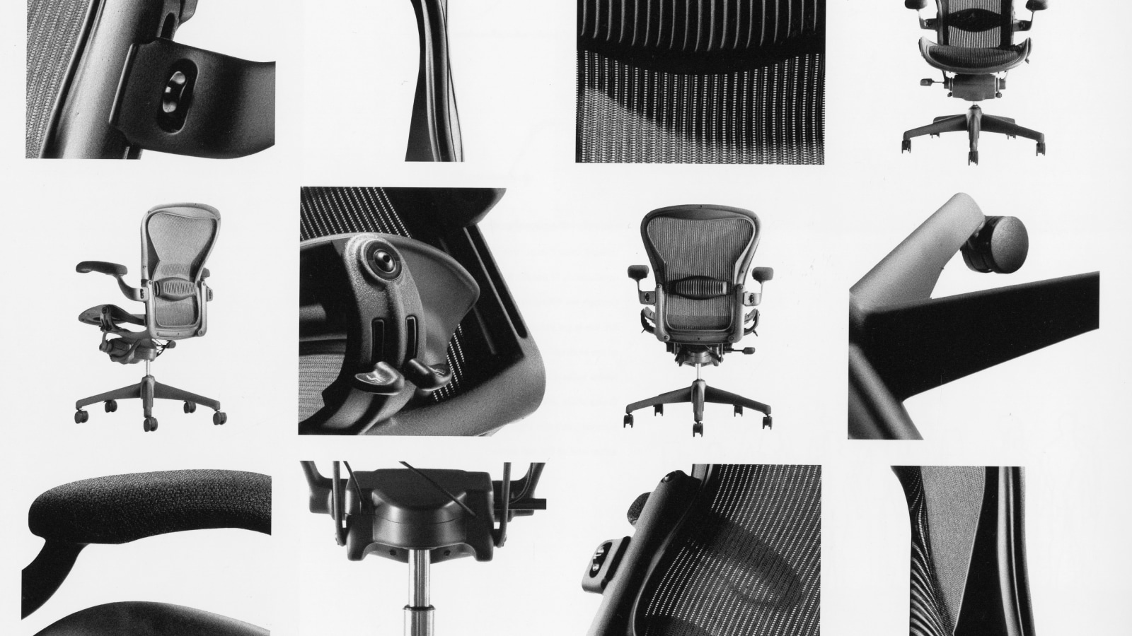 A composite of twelve images of the Aeron Chair in black, in varying ranges and views.