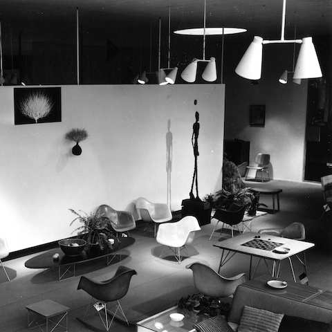 Two black and white archival photos of the Herman Miller Los Angeles showroom, designed by Eames Office, featuring Eames Shell Chairs and an Elliptical Table. 
