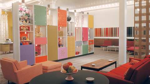 An archival color photo of the Herman Miller San Francisco showroom, designed by Alexander Girard in 1958.