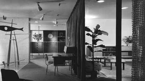 A black and white archival photo of George Nelson's 1948 Herman Miller showroom in Grand Rapids, Michigan.
