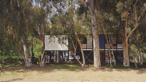 This color photos is a view of the Eames House from the front, showing off white, blue, and red panels. Eucalyptus trees and flowers line the front of the house.