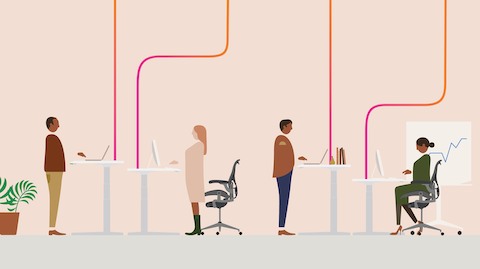An illustration showing four office workers at sit-to-stand desks positioned at various heights.